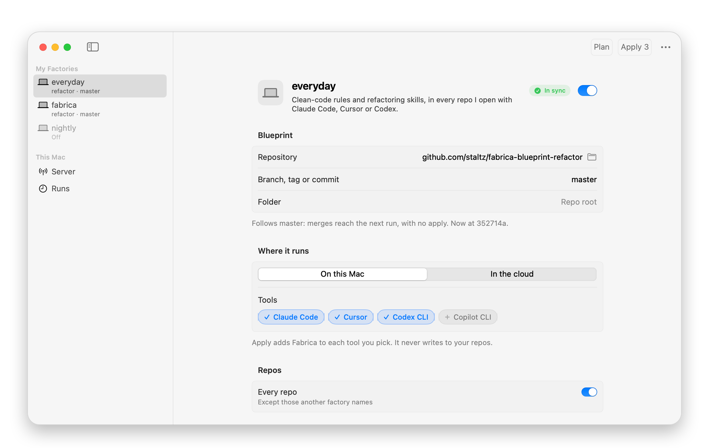 Fabrica.app showing a factory: its blueprint, the tools it runs in, and its repos